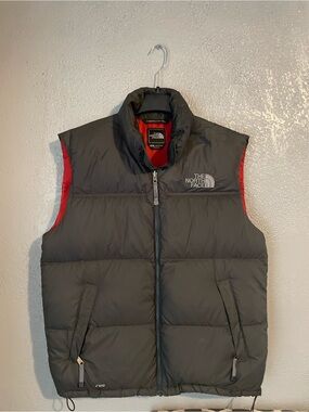 The North Face Men's Charcoal Puffer Vest with Red Trim